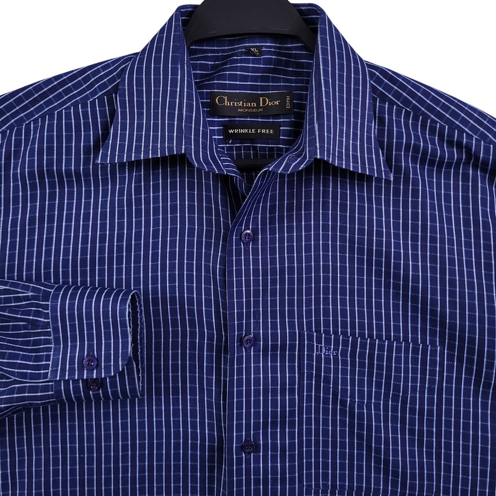 Christian Dior Monsieur Shirt Mens XL Navy Blue Check Button Up Made in France